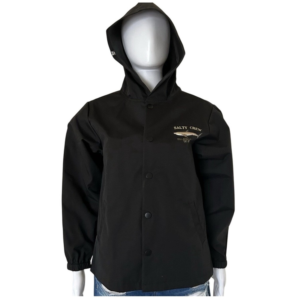 Big Kids Salty Crew Youth Large Black Snap Windbraker Hooded Jacket
